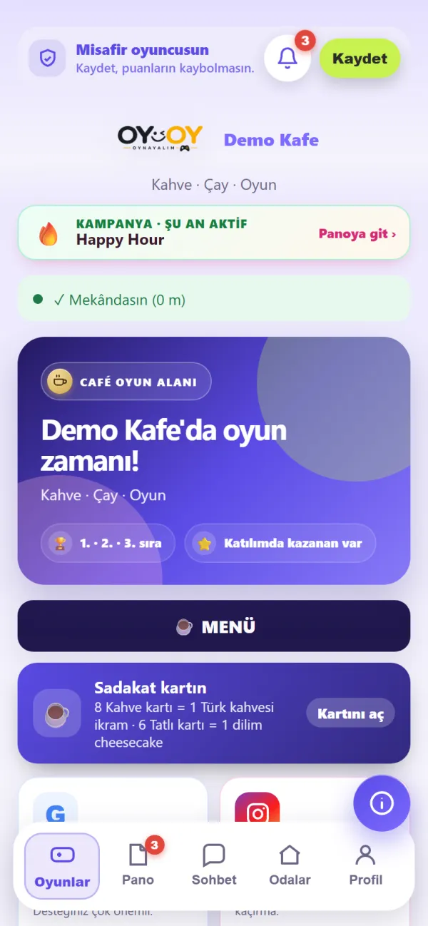 Misafirin gördüğü kafe sayfası
